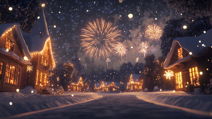Festive winter village illuminated by colorful fireworks under a starry night sky