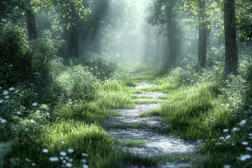 Fototapeta premium Serene forest path on a misty morning surrounded by lush greenery