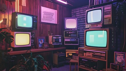 Retro TV Room with Neon Lights and Vintage Electronics