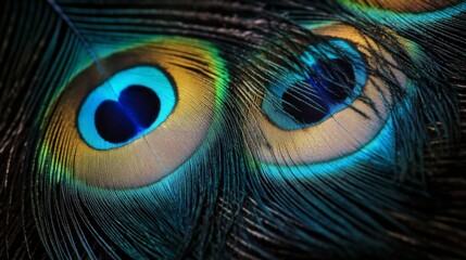 Obraz premium Close-up of two peacock feathers, showcasing their iridescent blue, green, and gold hues, with intricate patterns and a prominent eye-like design