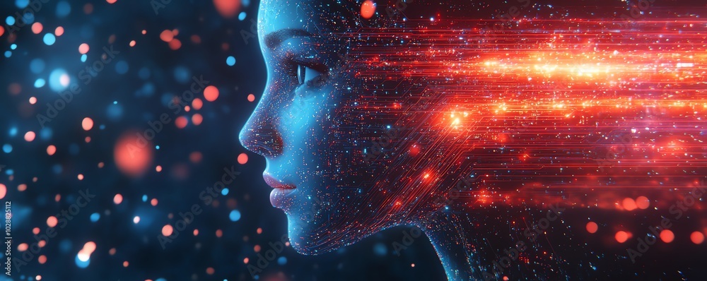 Aufkleber Futuristic AI entity rising from the digital cosmos, glowing circuits and neural network tendrils weaving through abstract data streams in a holographic environment