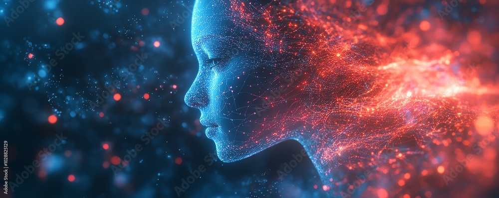 Aufkleber Futuristic digital cosmos with an ethereal AI entity, glowing circuits and neural network tendrils, complemented by dynamic abstract data streams in a holographic interface