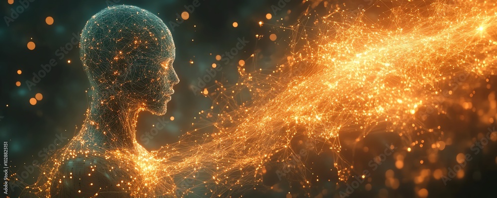 Poster Futuristic AI entity rising from the digital cosmos, glowing circuits and neural network tendrils weaving through abstract data streams in a holographic environment
