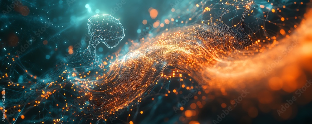 Aufkleber Futuristic digital cosmos with an ethereal AI entity, glowing circuits and neural network tendrils, complemented by dynamic abstract data streams in a holographic interface