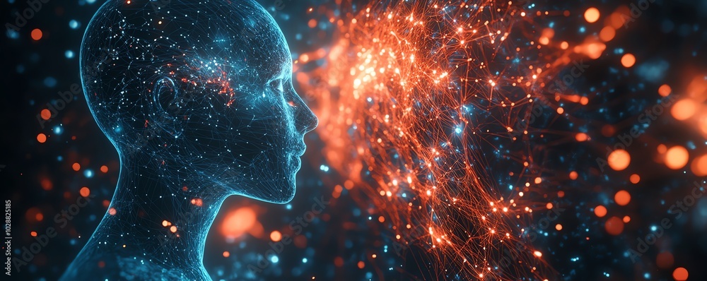 Aufkleber Futuristic digital cosmos with an ethereal AI entity, glowing circuits and neural network tendrils, complemented by dynamic abstract data streams in a holographic interface