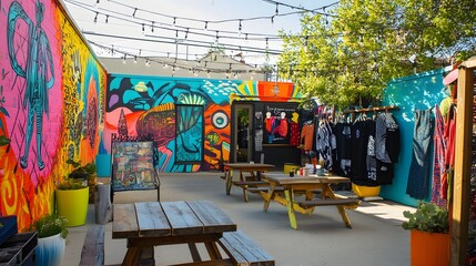 Fototapeta premium Colorful Street Art Mural with Outdoor Seating and String Lights