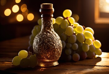 detailed close intricate wine bottle surrounded fresh grapes highlighting art craftsmanship, glass, liquid, fruit, vine, cluster, design, texture, color