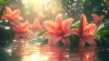 Lilies in the morning light: elegance and grace A peaceful depiction of colorful lilies blooming in the soft morning light, creating a serene atmosphere.