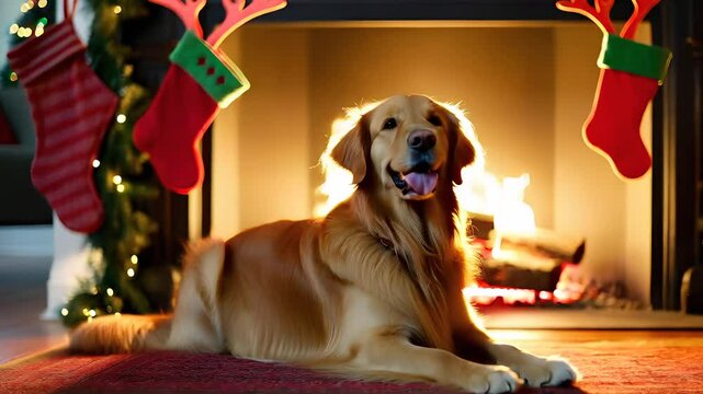 Festive dogs in holiday attire gather by a fireplace, showcasing Christmas spirit. Various breeds don Santa hats and sweaters, creating a cozy, cheerful atmosphere perfect for seasonal celebrations.