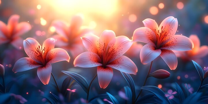 Lilies in the morning light: elegance and grace A peaceful depiction of colorful lilies blooming in the soft morning light, creating a serene atmosphere.
