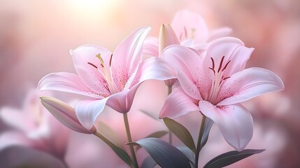 Fototapeta premium Lilies in the morning light: elegance and grace A peaceful depiction of colorful lilies blooming in the soft morning light, creating a serene atmosphere.