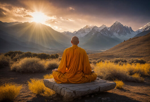 A meditating buddhist sitting in nature by sunrise wearing a traditional Kasaya - Ai generated