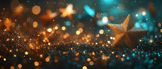 Soft focus festive holiday background with shimmering gold and teal bokeh lights, twinkling star shapes, and elegant space for text overlay