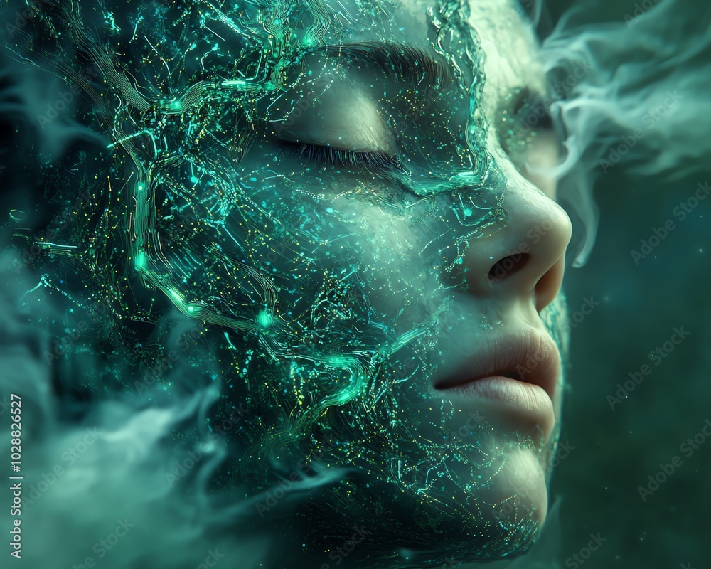 Poster surreal digital portrait featuring an ethereal ai face, intertwined with swirling blue light tendril