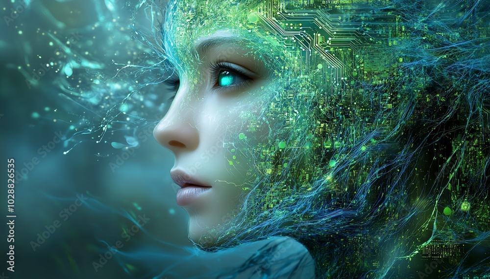 Poster surreal digital portrait of an ethereal ai face, emerging from mesmerizing blue light tendrils and c