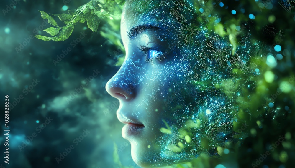 Poster surreal digital portrait of an ethereal ai face, emerging from mesmerizing blue light tendrils and c