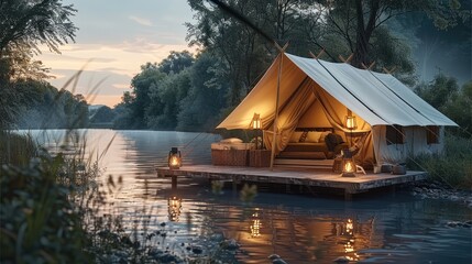 Fototapeta premium Luxury glamping by the river. Recreation and vacation lifestyle.