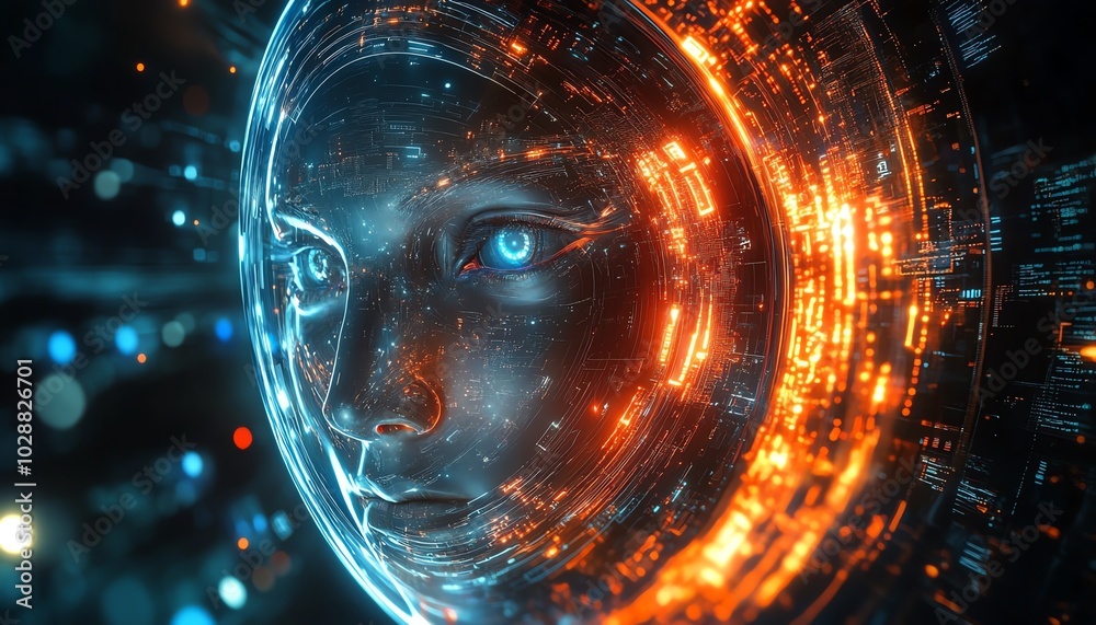 Fototapete AI entity emerging from a cosmic digital realm, surrounded by luminous circuits and neural network tendrils, abstract data streams in a futuristic holographic setup