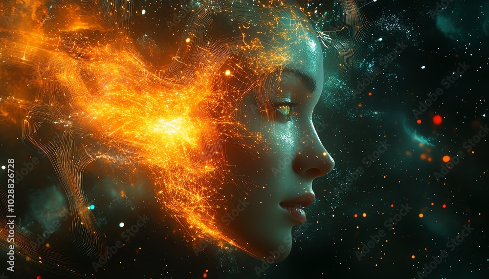 Poster AI entity emerging from a cosmic digital realm, surrounded by luminous circuits and neural network tendrils, abstract data streams in a futuristic holographic setup