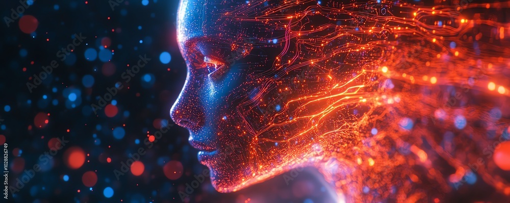 Aufkleber AI entity emerging from a vibrant digital cosmos, surrounded by radiant circuits, neural network tendrils, and abstract data streams in a holographic display