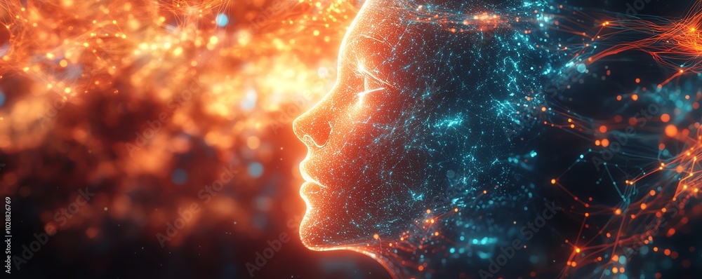Poster ai entity emerging from a vibrant digital cosmos, surrounded by radiant circuits, neural network ten