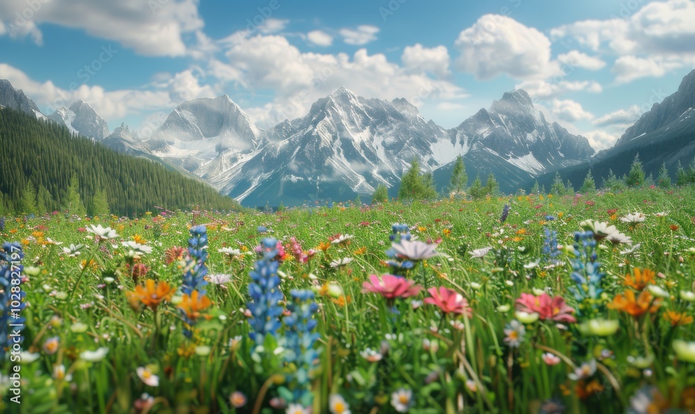 Sticker Alpine meadow with blooming wildflowers and distant peaks, 4K hyperrealistic photo