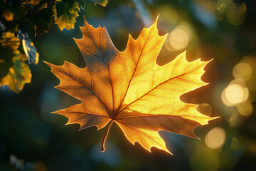 Fototapeta premium Autumn leaf illuminated by sunlight during a serene afternoon