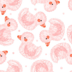 Watercolor rubber duck pink seamless pattern background for bathroom textile or wrapping paper.