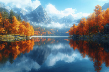 Fototapeta premium Autumn reflections in a serene mountain lake during golden hour