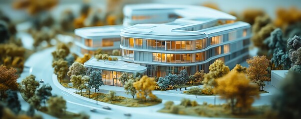 Detailed architectural scale model of a modern business park development, presented in a captivating 3D rendering showcasing office facilities