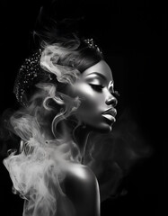 A woman's face is partially obscured by wispy smoke, creating an ethereal and mysterious effect.