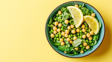 A bowl of green pea and chickpea salad with lemon dressing, isolated on a soft pastel yellow background with intricate botanical accents