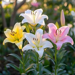 Fototapeta premium Lilies in the morning light: elegance and grace A peaceful depiction of colorful lilies blooming in the soft morning light, creating a serene atmosphere.