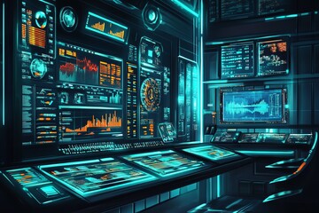 Futuristic control room featuring advanced technology, digital displays, and data analysis screens, creating a high-tech atmosphere.