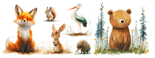 Watercolor Cute Woodland Tribal Animals Illustration, vector