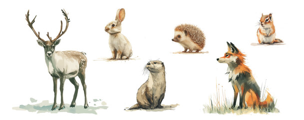 Watercolor Cute Woodland Tribal Animals Illustration, vector