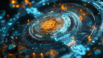 Futuristic digital representation of Bitcoin with glowing circuits and network elements, symbolizing cryptocurrency technology.