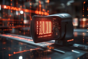 A futuristic scanner capturing barcodes with vibrant digital data in the background, representing technology and automation.