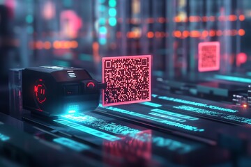 Futuristic QR code scanner on a digital interface with neon lights, showcasing technology and innovation in a modern setting.