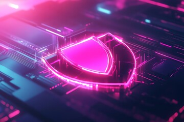 Vibrant digital shield symbol glowing in neon pink, representing cybersecurity and protection in a futuristic technological environment.