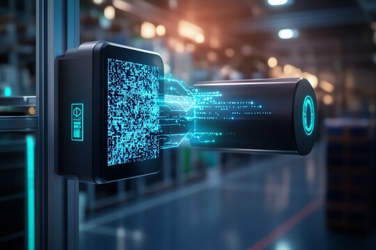 Futuristic QR code scanner in an industrial setting, transmitting digital data with vibrant blue light effects, showcasing technology and innovation.