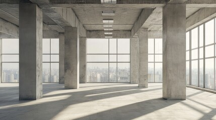An abstract empty concrete room with tall, rough pillars and square ceiling lights casting geometric shadows on the floor, surrounded by large windows overlooking a busy cityscape.