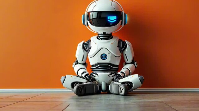 Futuristic white robot sits on the floor against orange wall. Artificial intelligence, technology, solitude, robotics