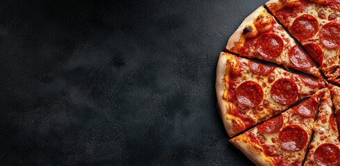 A slice of pepperoni pizza is on a black background