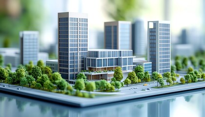 Fototapeta premium Realistic architectural scale model of a modern business park development project, with office buildings beautifully rendered in 3D