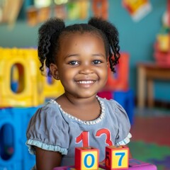 A young girl is smiling and holding a set of blocks with numbers 0 through 7