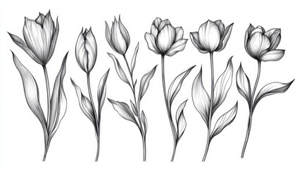 A set of tulips and leaves in a tattoo design, with slender petals and detailed engraving in black and white, mimicking scratchboard aesthetics.