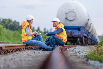 Two Engineers in High Visibility Vests Sitting on Railroad Tracks Discussing Project Near Freight Train with Large Cargo, Reflecting Collaboration, Teamwork, and Industrial Transportation