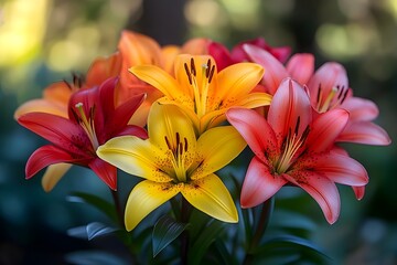 Fototapeta premium Lilies in the morning light: elegance and grace A peaceful depiction of colorful lilies blooming in the soft morning light, creating a serene atmosphere.