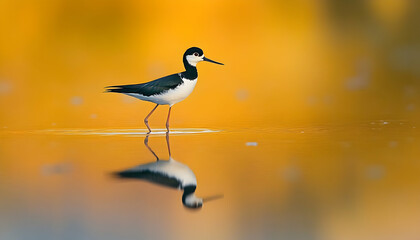 A black-necked stilt gracefully standing in shallow water, mirrored in its reflection